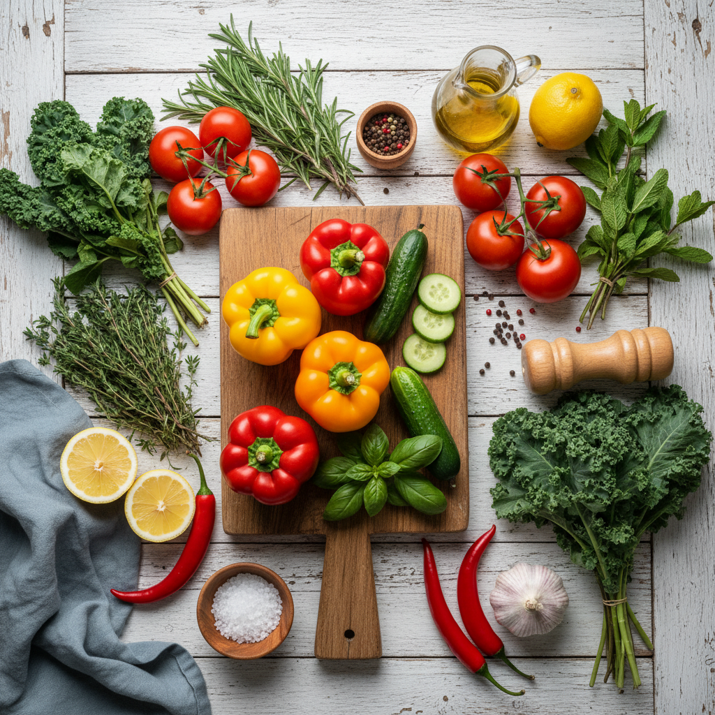 Fresh ingredients spread — herbs, vegetables, and whole foods